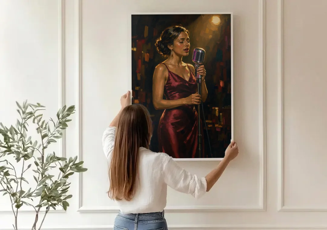 Jazz Wall Art of a Singer in Oxblood Satin canvas wall art being hung on a paneled wall