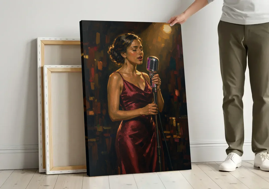 Jazz Wall Art of a Singer in Oxblood Satin canvas wall art leaning against a wall next to blank canvases