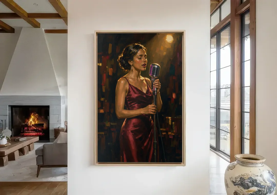 Jazz Wall Art of a Singer in Oxblood Satin canvas wall art in a living room with a fireplace
