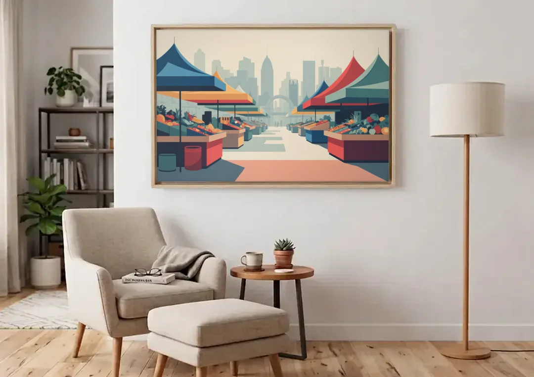 Jean Talon Market canvas wall art above an armchair in a bright living room