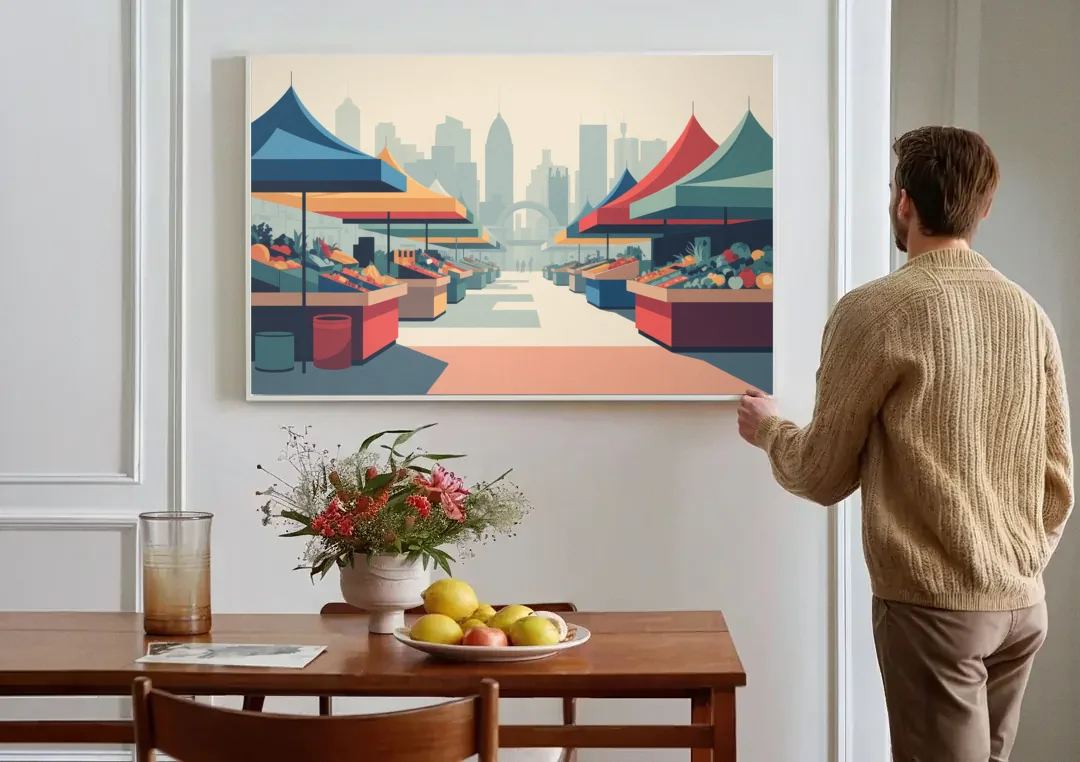 Jean Talon Market canvas wall art above a dining table