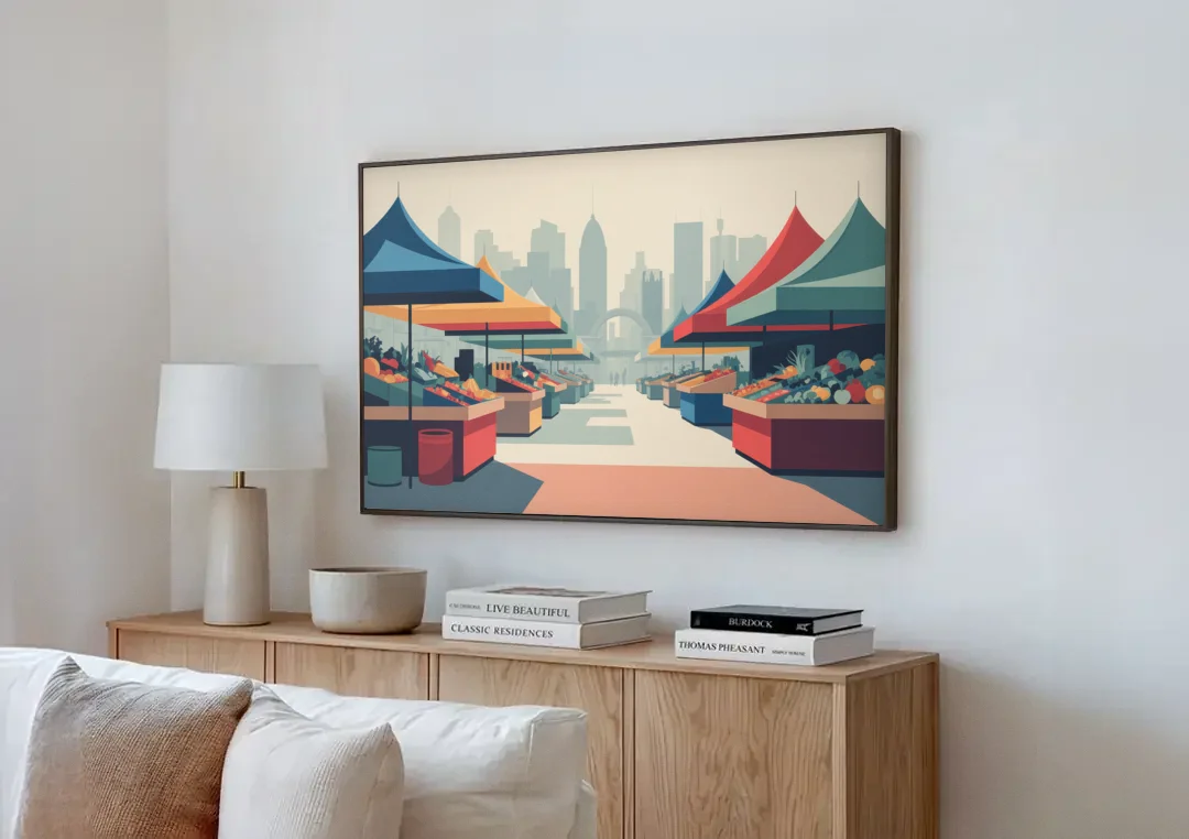Jean Talon Market canvas wall art above a wooden sideboard next to a sofa