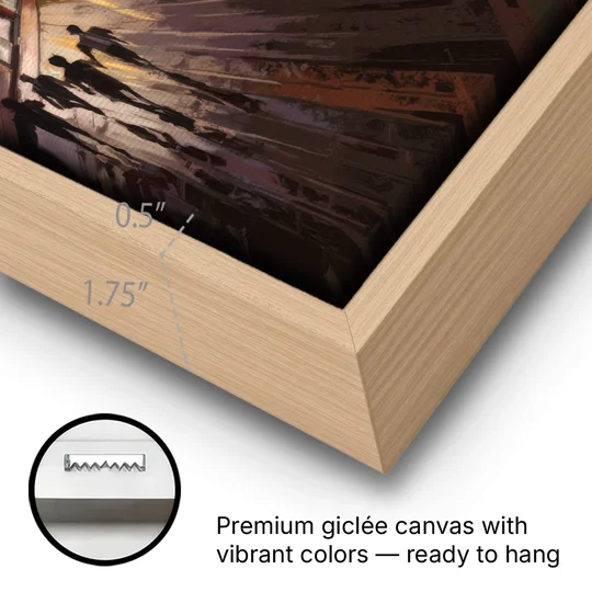 Jersey City Boardwalk Scene - Oak Framed Canvas Wall Art - Gallery Wrap Corner