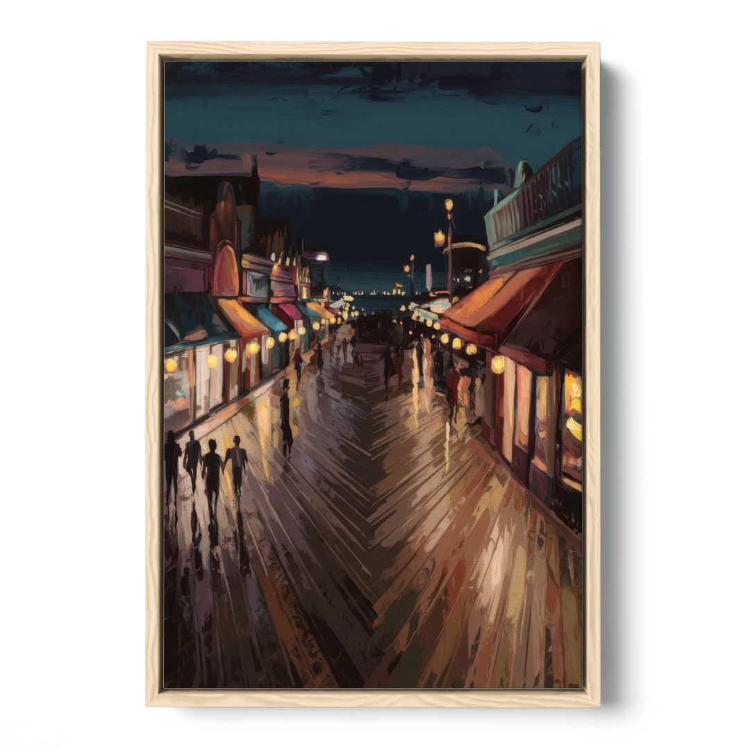 Jersey City Boardwalk Scene - Oak Framed Canvas Wall Art - Front