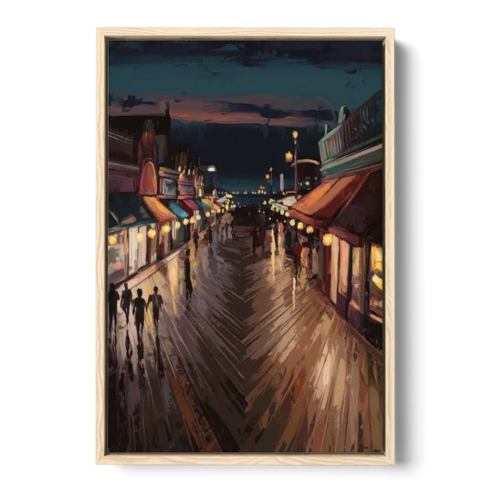 Jersey City Boardwalk Scene - Oak Framed Canvas Wall Art - Front