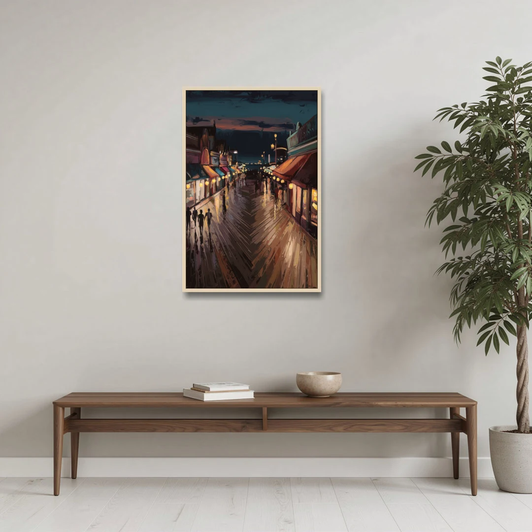 Jersey City Boardwalk Scene - Oak Framed Canvas Wall Art - Coffee Table - 24x36