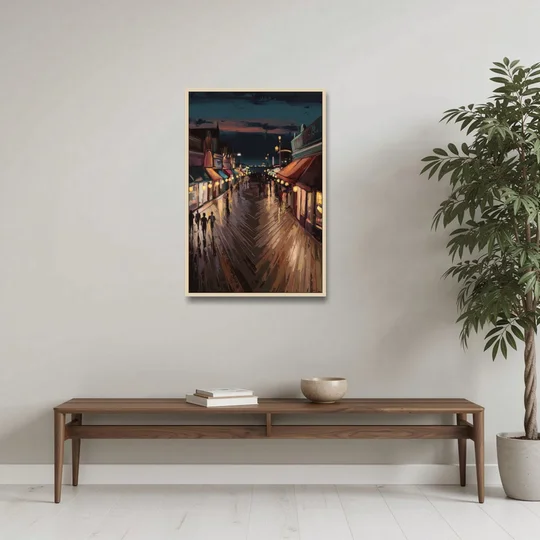 Jersey City Boardwalk Scene - Oak Framed Canvas Wall Art - Coffee Table - 24x36