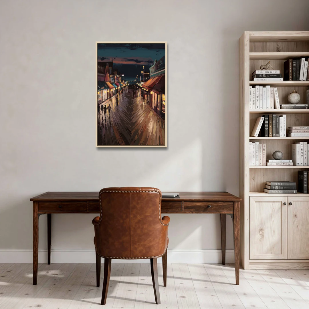 Jersey City Boardwalk Scene - Oak Framed Canvas Wall Art - Office - 24x36