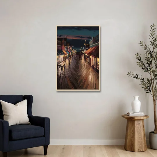 Jersey City Boardwalk Scene - Oak Framed Canvas Wall Art - Sofa - 24x36