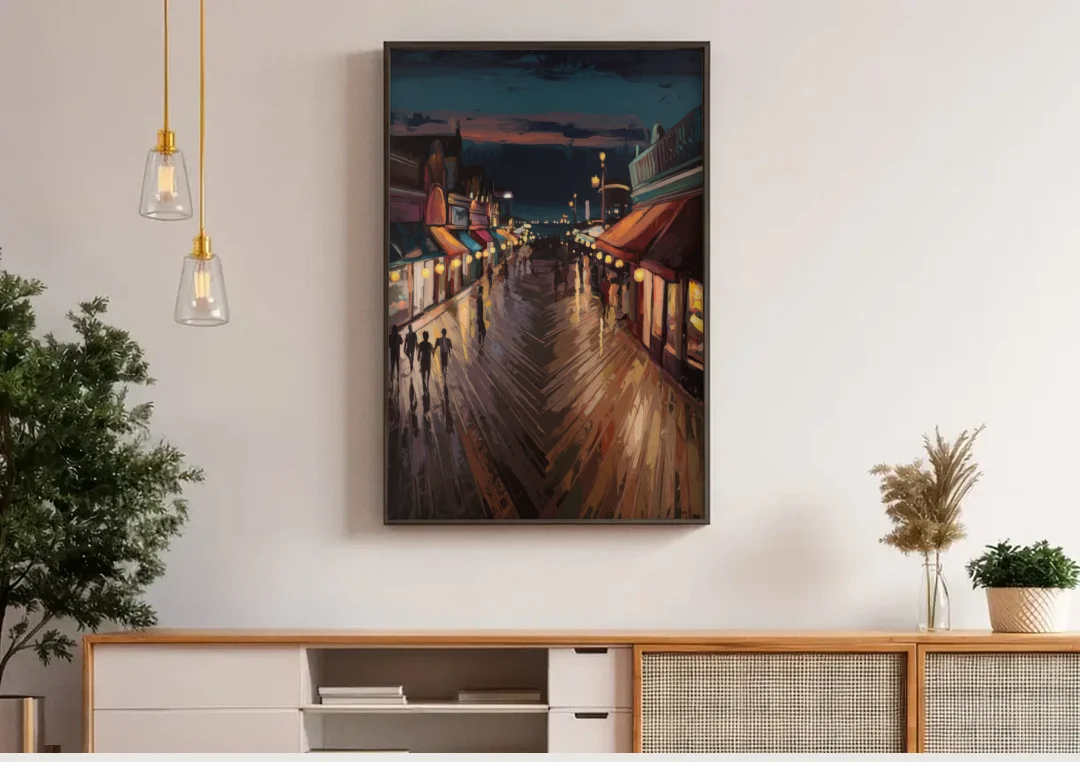 Jersey City Boardwalk Scene canvas wall art above a wooden sideboard under pendant lights
