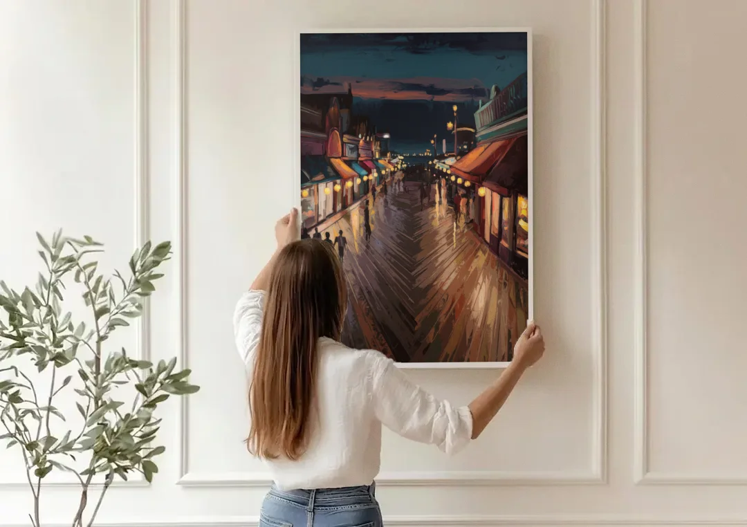 Jersey City Boardwalk Scene canvas wall art being hung on a paneled wall