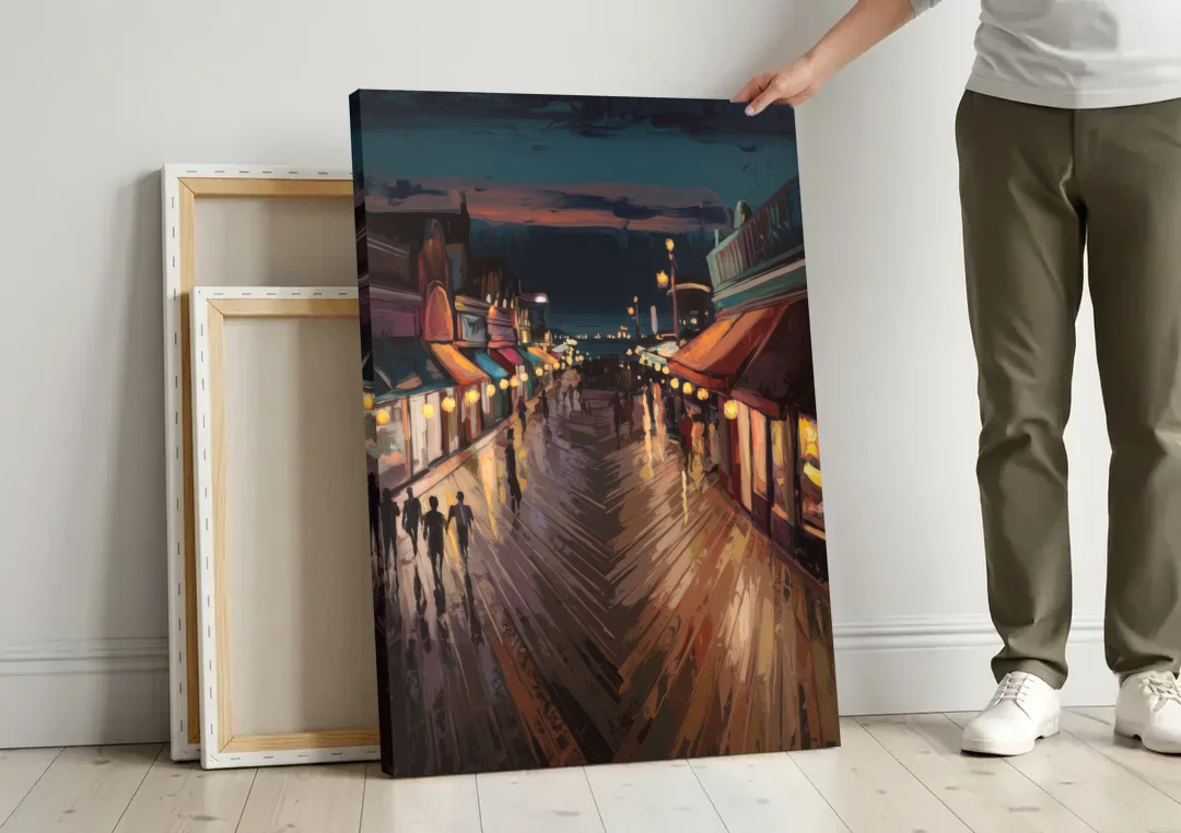 Jersey City Boardwalk Scene canvas wall art leaning against a wall next to blank canvases