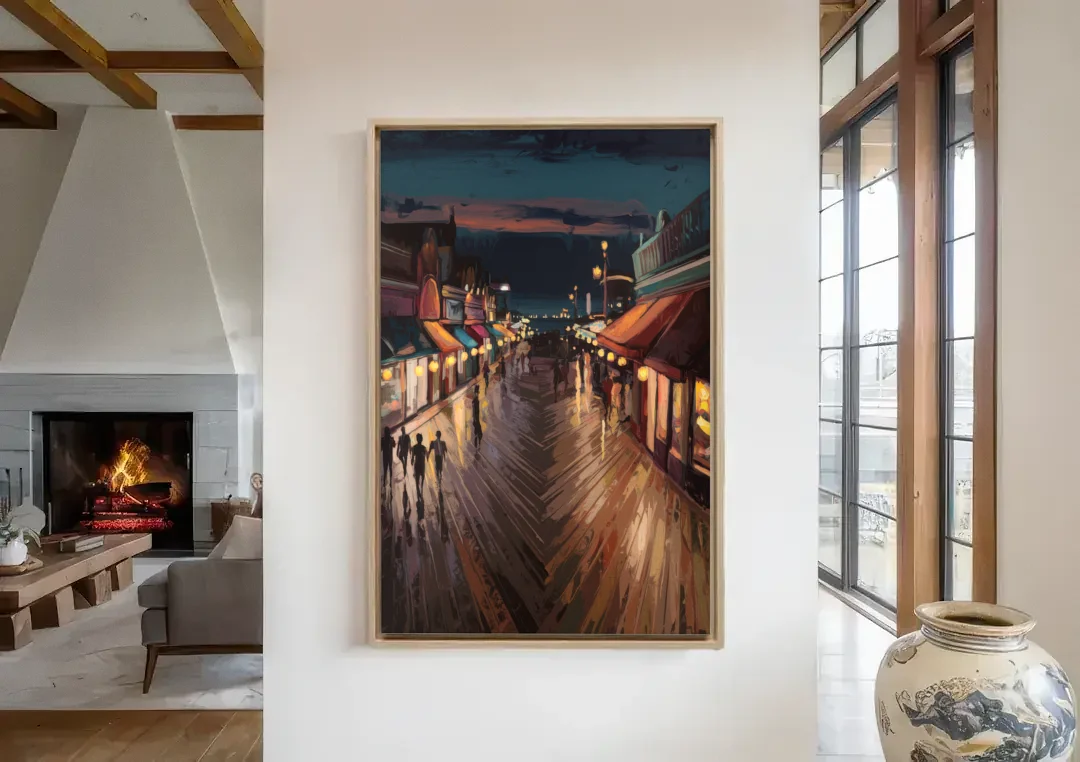 Jersey City Boardwalk Scene canvas wall art in a living room with a fireplace