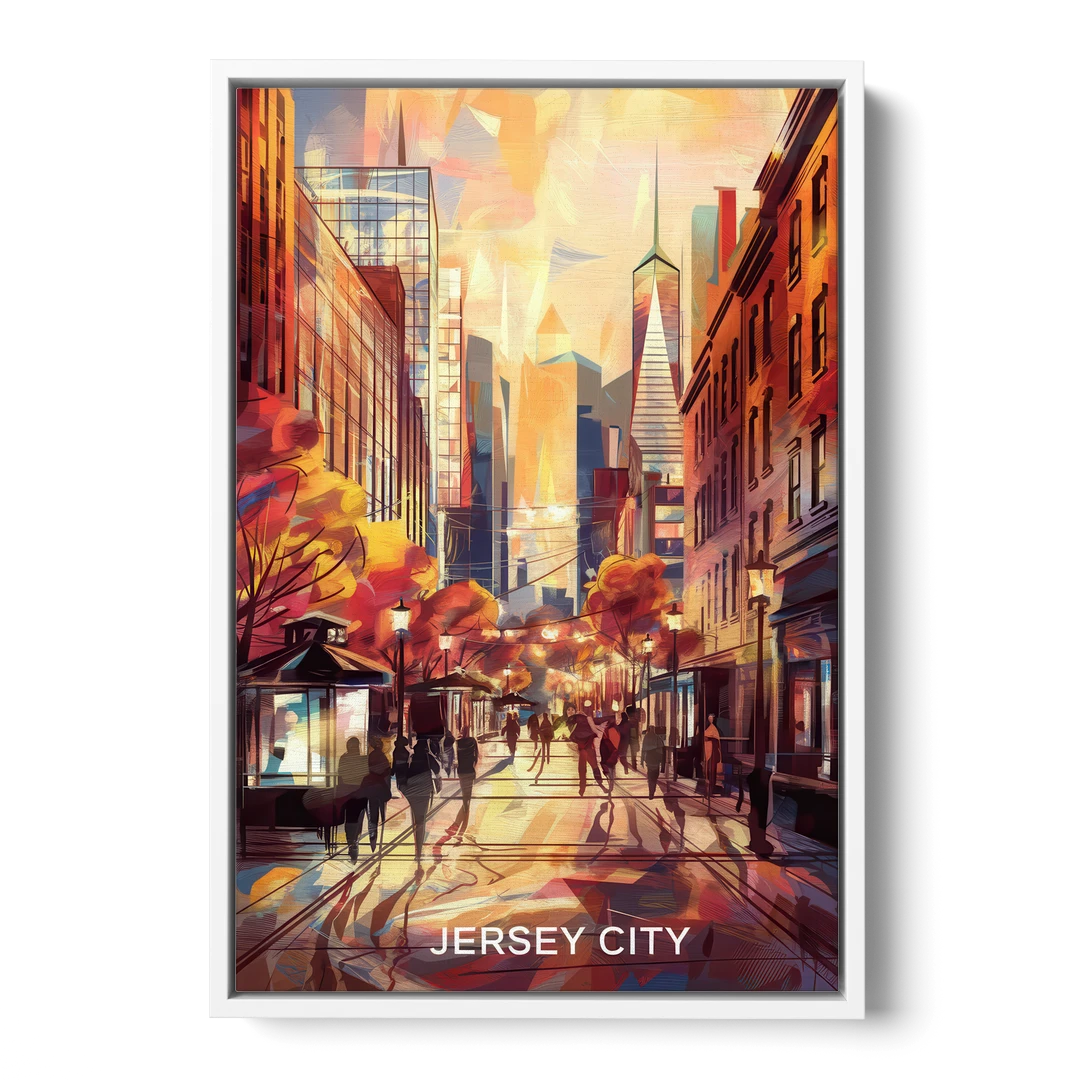 Jersey City Downtown Streetscape - White Framed Canvas Wall Art - Front
