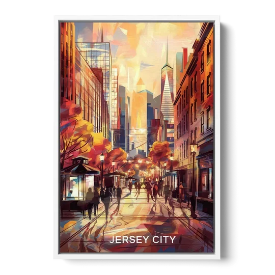 Jersey City Downtown Streetscape - White Framed Canvas Wall Art - Front