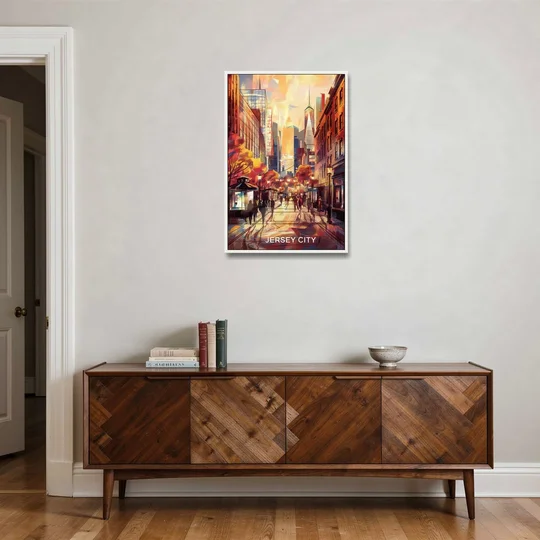 Jersey City Downtown Streetscape - White Framed Canvas Wall Art - Coffee Table - 24x36