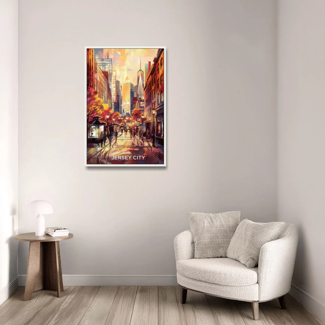 Jersey City Downtown Streetscape - White Framed Canvas Wall Art - Sofa - 24x36