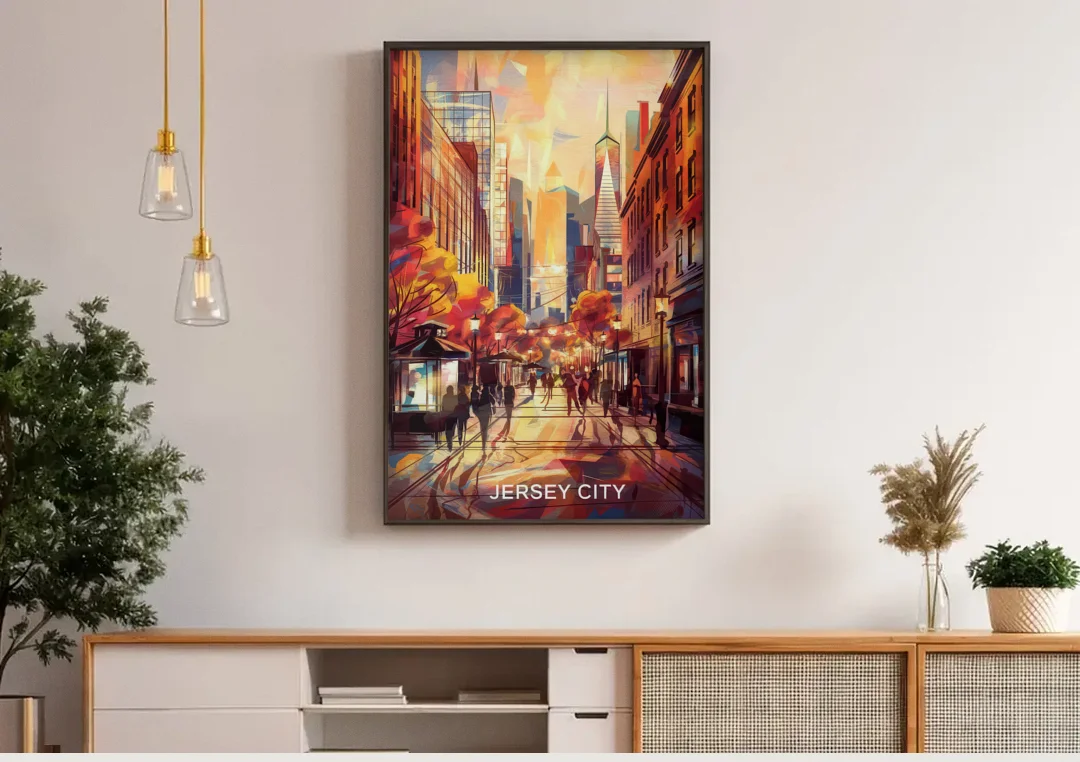 Jersey City Downtown Streetscape canvas wall art above a wooden sideboard under pendant lights