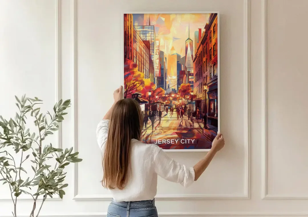 Jersey City Downtown Streetscape canvas wall art being hung on a paneled wall