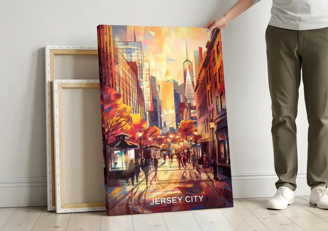 Jersey City Downtown Streetscape canvas wall art leaning against a wall next to blank canvases