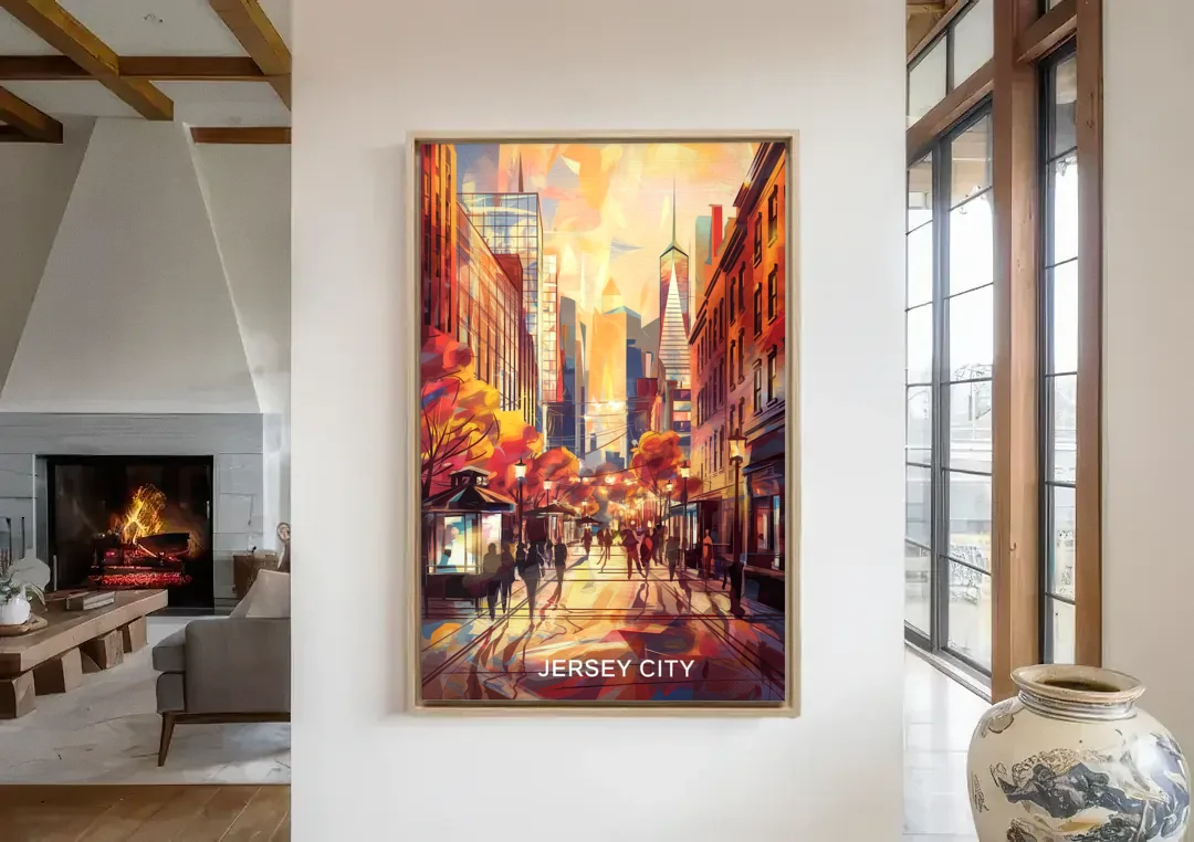Jersey City Downtown Streetscape canvas wall art in a living room with a fireplace