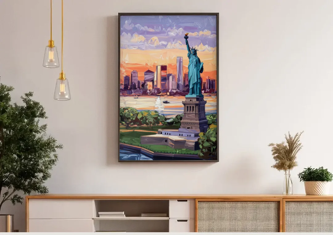 Jersey City Liberty State Park canvas wall art above a wooden sideboard under pendant lights