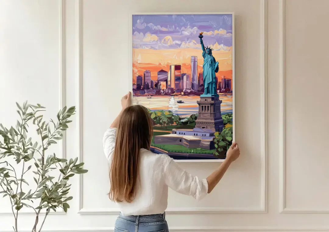 Jersey City Liberty State Park canvas wall art being hung on a paneled wall