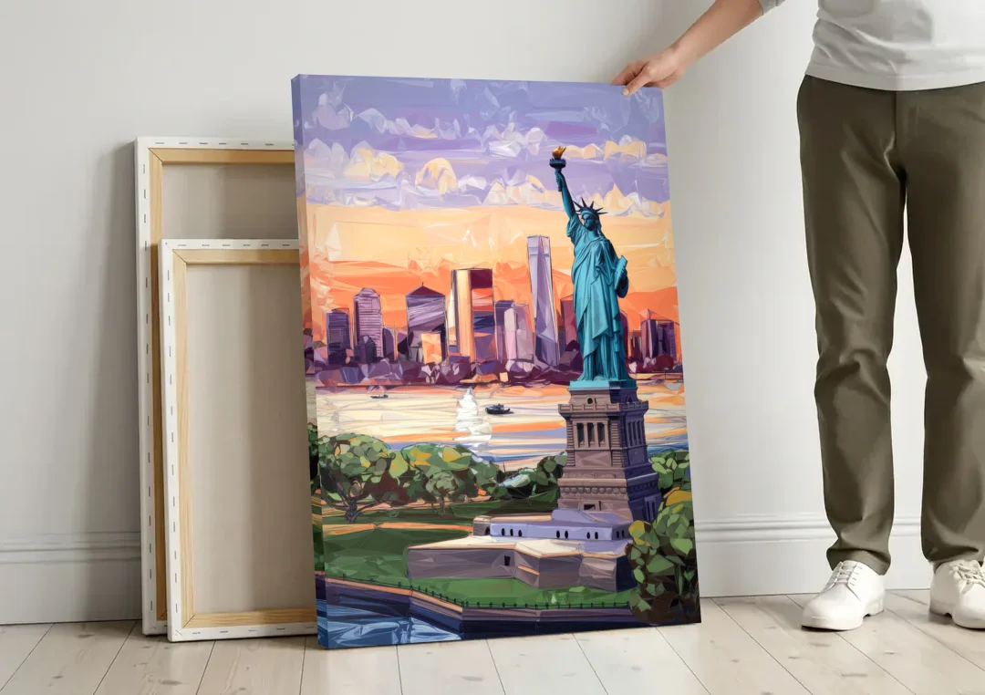 Jersey City Liberty State Park canvas wall art leaning against a wall next to blank canvases
