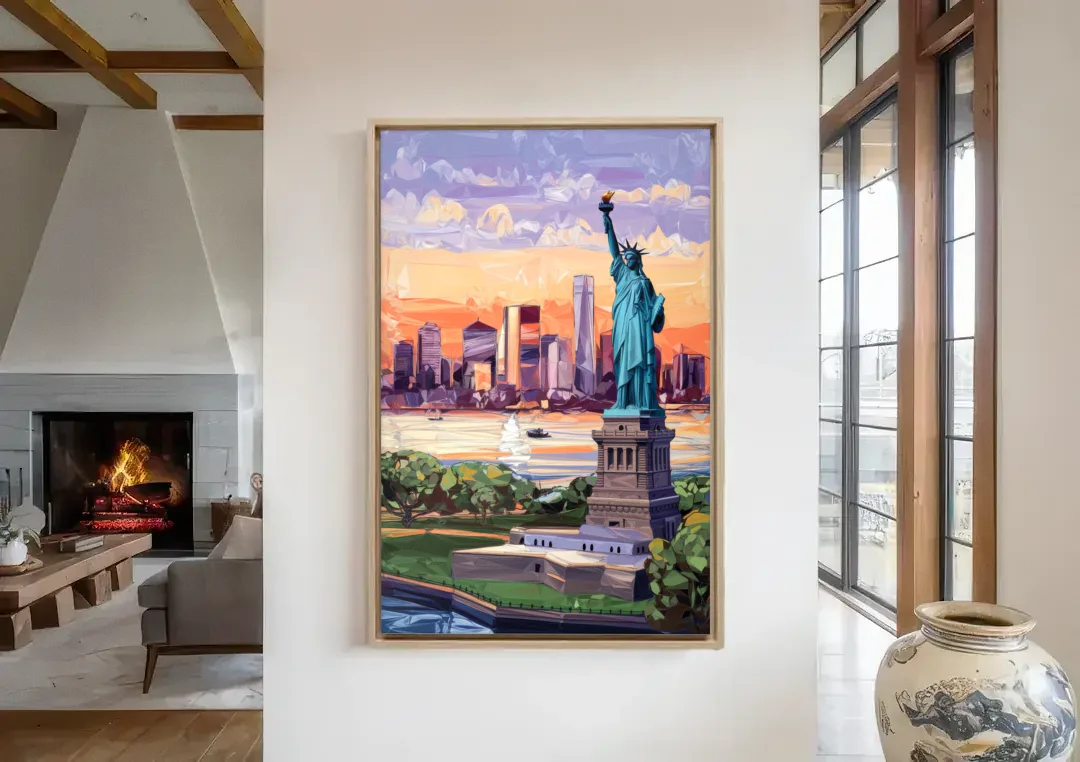 Jersey City Liberty State Park canvas wall art in a living room with a fireplace