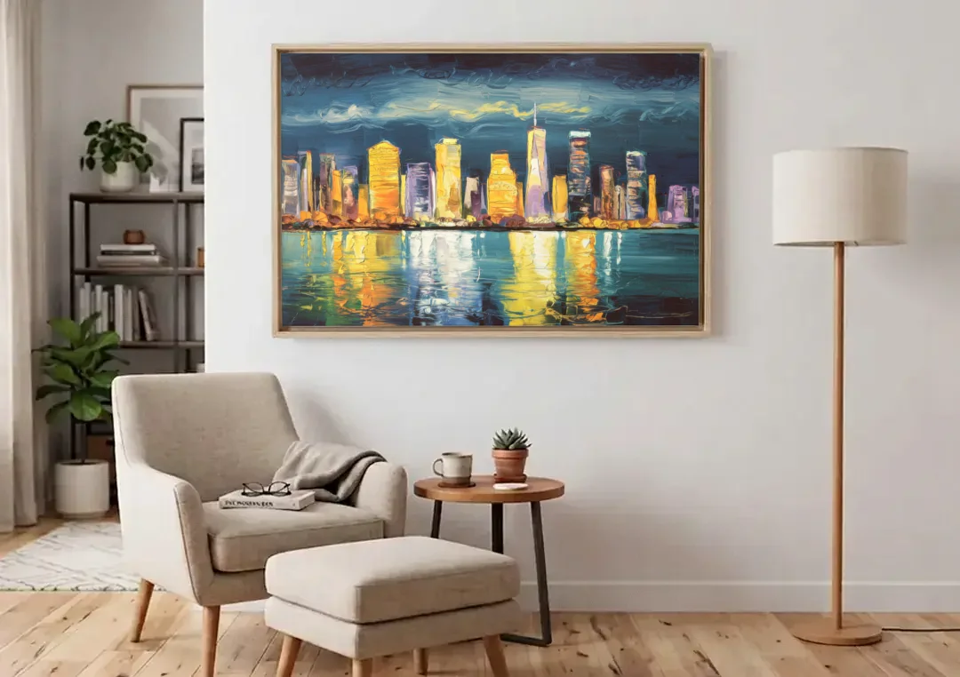 Jersey City Night Lights canvas wall art above an armchair in a bright living room
