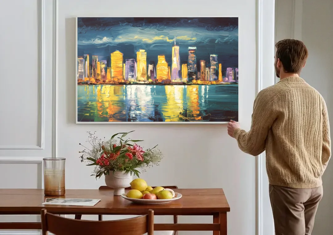 Jersey City Night Lights canvas wall art above a dining table
