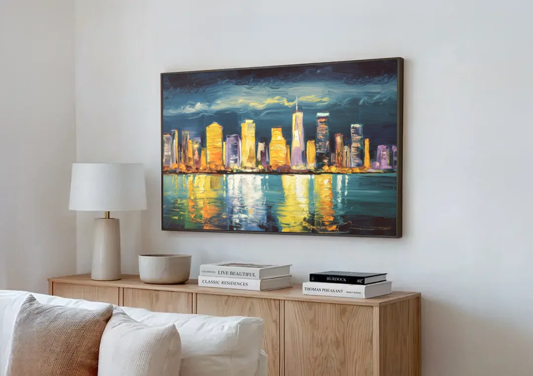 Jersey City Night Lights canvas wall art above a wooden sideboard next to a sofa