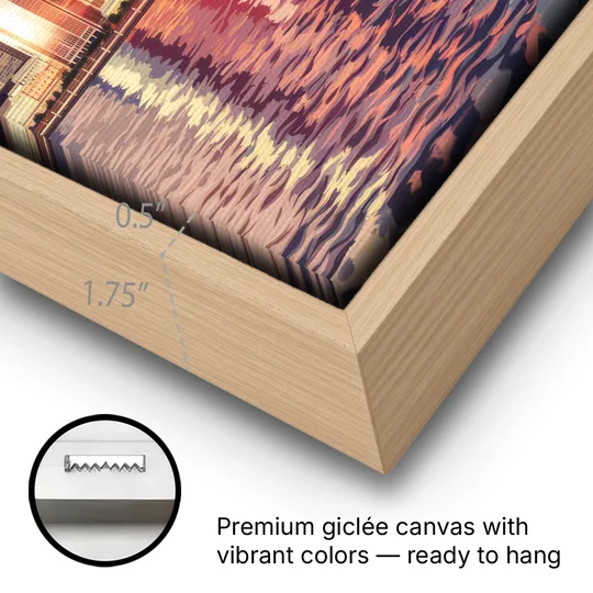 Jersey City Skyline and Hudson River - Oak Framed Canvas Wall Art - Gallery Wrap Corner