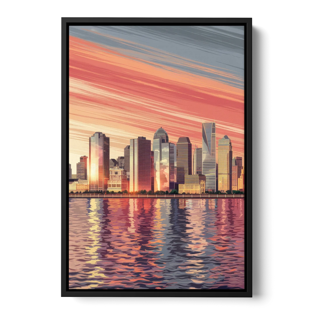 Jersey City Skyline and Hudson River - Black Framed Canvas Wall Art - Front
