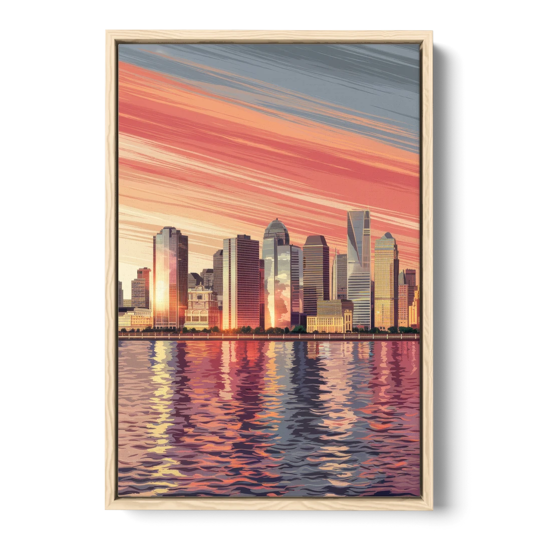Jersey City Skyline and Hudson River - Oak Framed Canvas Wall Art - Front