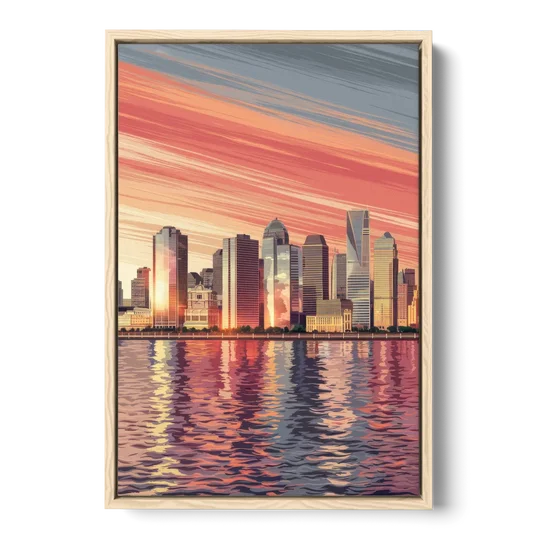 Jersey City Skyline and Hudson River - Oak Framed Canvas Wall Art - Front