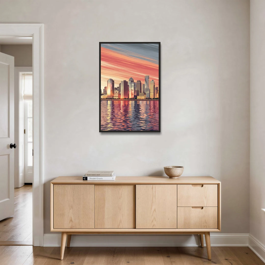 Jersey City Skyline and Hudson River - Black Framed Canvas Wall Art - Coffee Table - 24x36