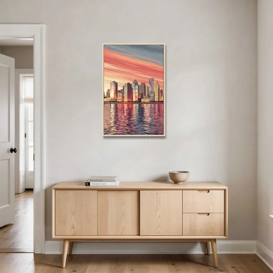 Jersey City Skyline and Hudson River - Oak Framed Canvas Wall Art - Coffee Table - 24x36