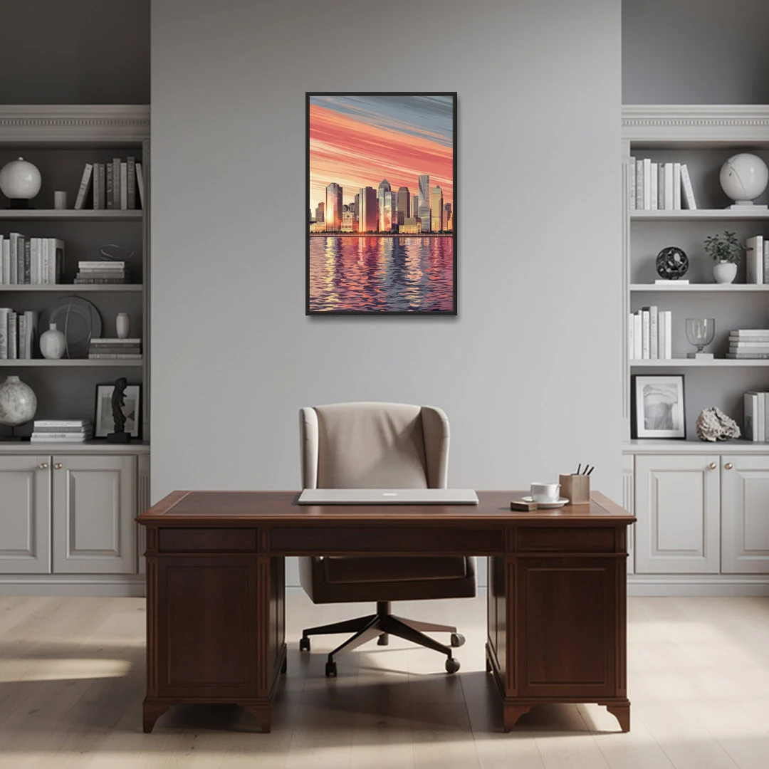 Jersey City Skyline and Hudson River - Black Framed Canvas Wall Art - Office - 24x36
