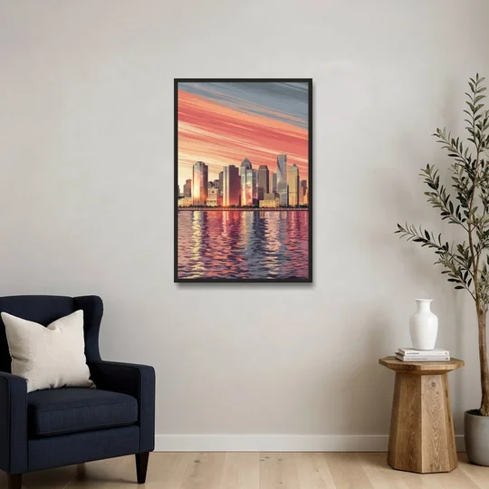 Jersey City Skyline and Hudson River - Black Framed Canvas Wall Art - Sofa - 24x36