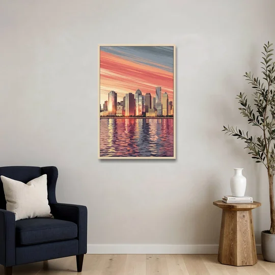 Jersey City Skyline and Hudson River - Oak Framed Canvas Wall Art - Sofa - 24x36