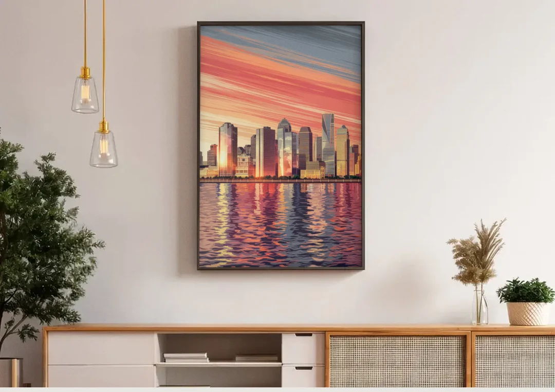 Jersey City Skyline and Hudson River canvas wall art above a wooden sideboard under pendant lights