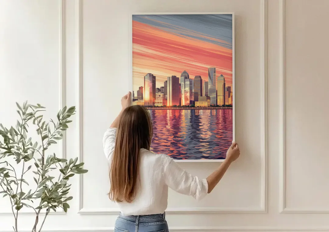 Jersey City Skyline and Hudson River canvas wall art being hung on a paneled wall