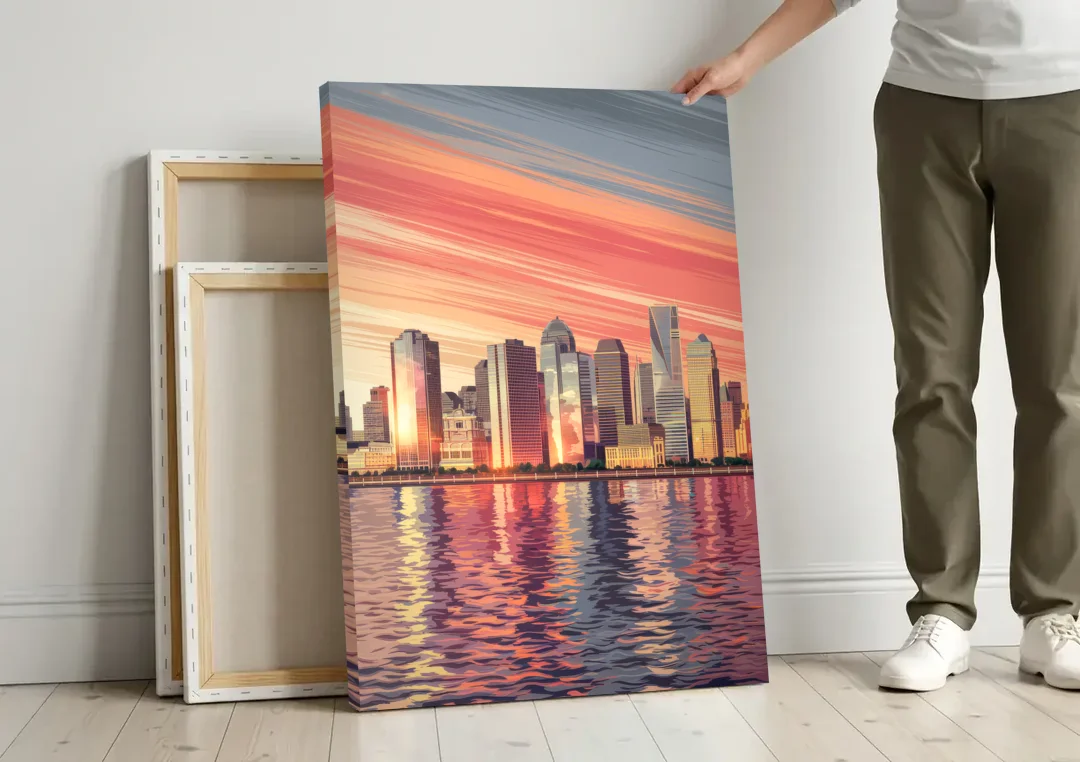 Jersey City Skyline and Hudson River canvas wall art leaning against a wall next to blank canvases