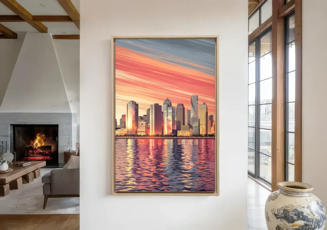 Jersey City Skyline and Hudson River canvas wall art in a living room with a fireplace