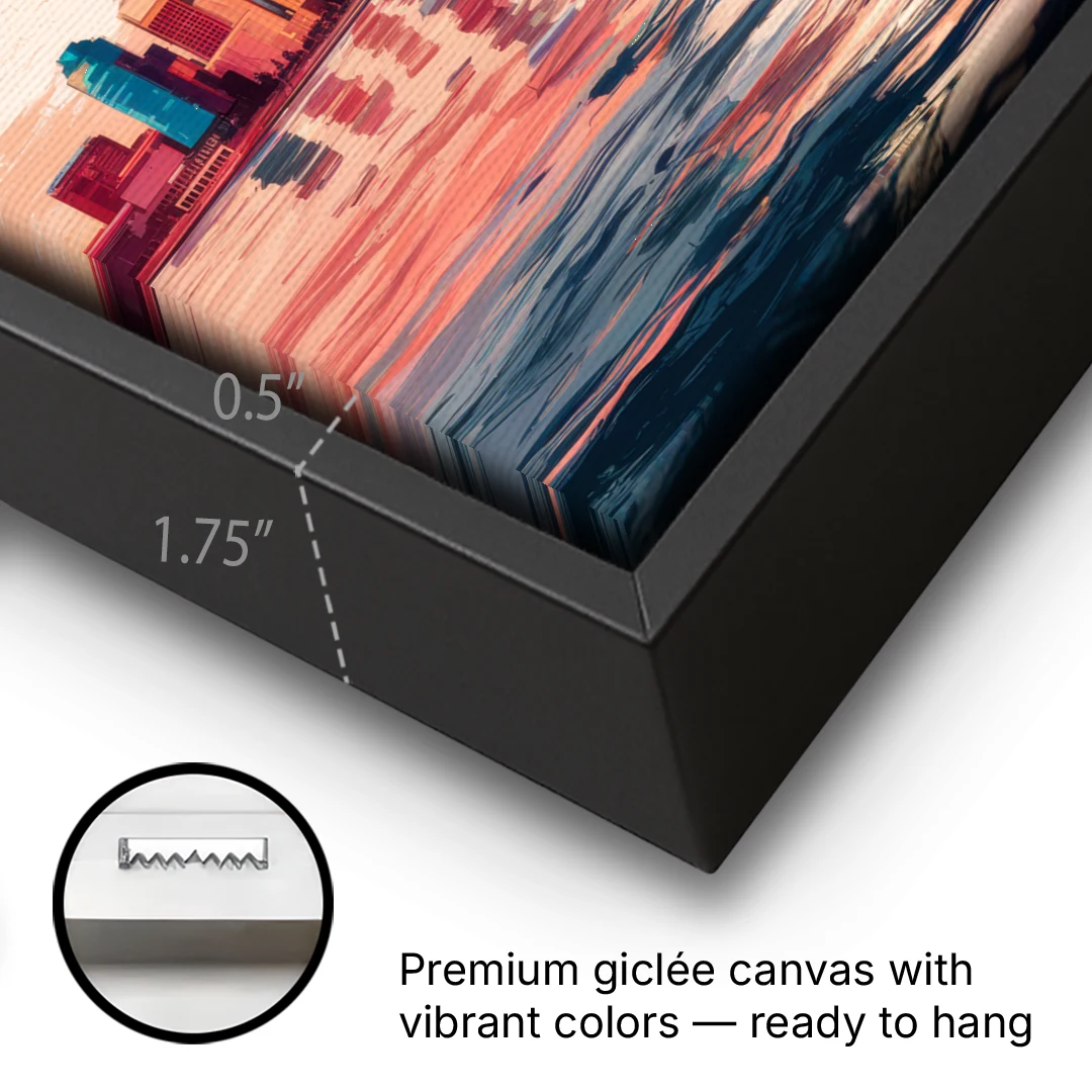 Jersey City Skyline Sunset - Black Framed Canvas Wall Art - Gallery Wrap Corner