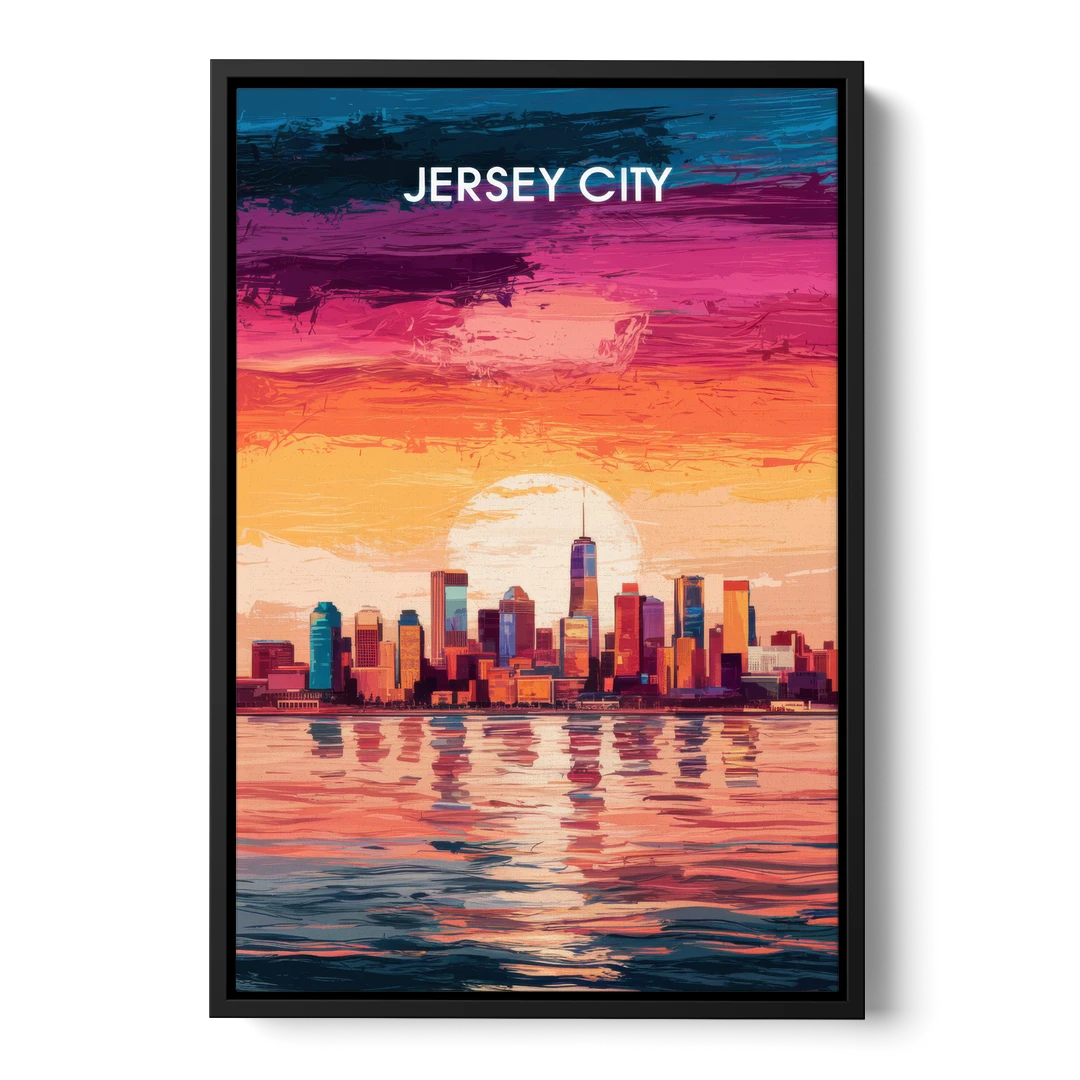 Jersey City Skyline Sunset - Black Framed Canvas Wall Art - Front