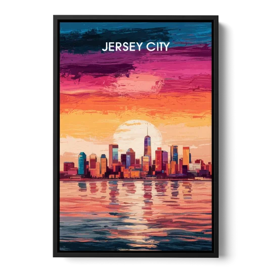 Jersey City Skyline Sunset - Black Framed Canvas Wall Art - Front
