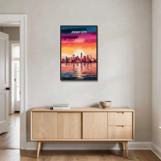 Jersey City Skyline Sunset - Black Framed Canvas Wall Art - Coffee Table - 24x36