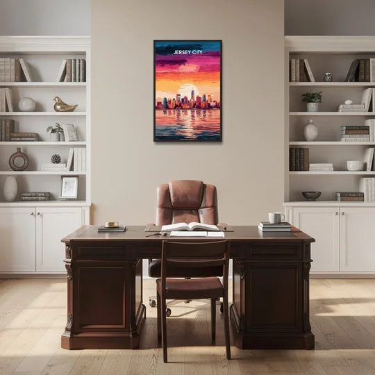 Jersey City Skyline Sunset - Black Framed Canvas Wall Art - Office - 24x36